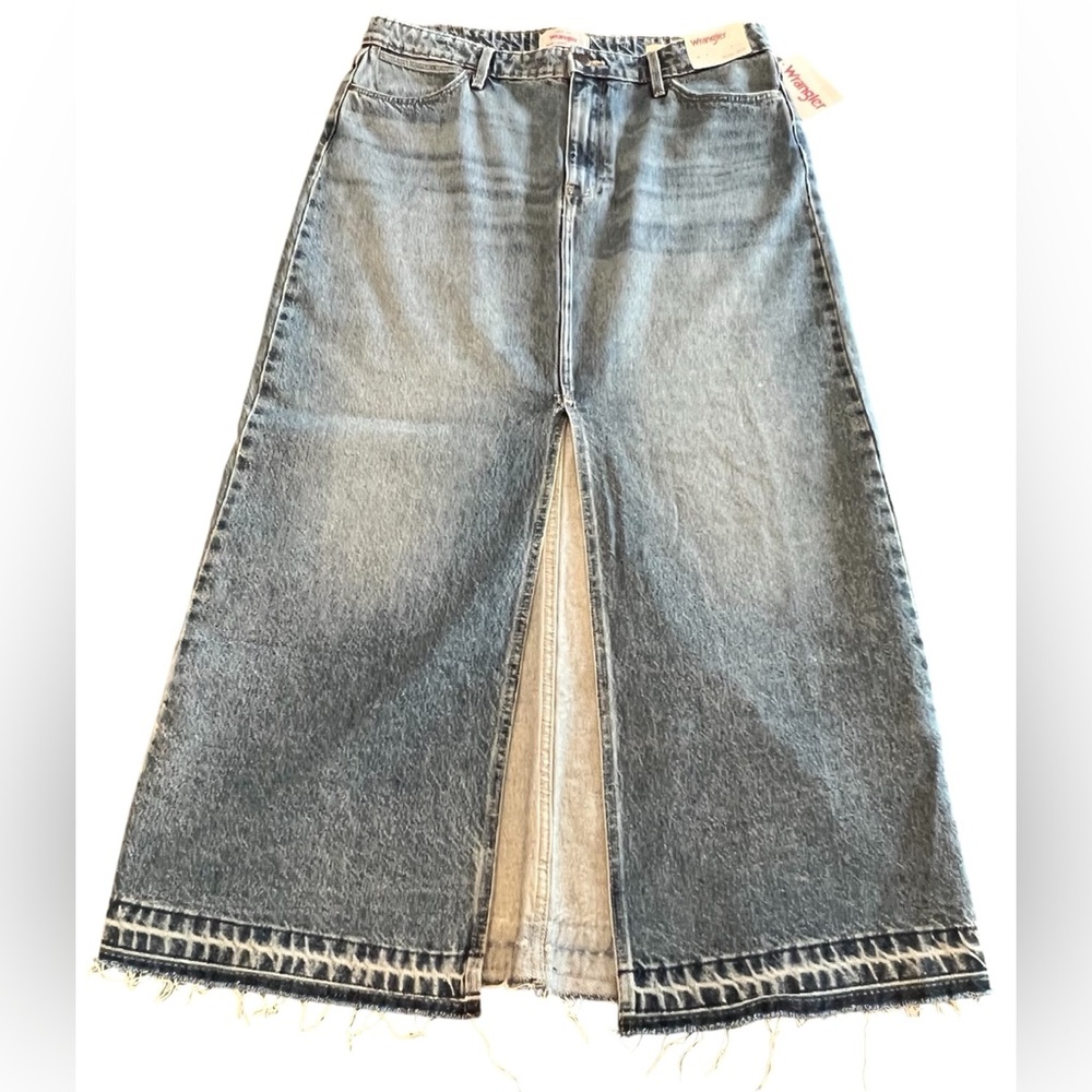 Denim Front-Slit Maxi Skirt in Faded Blue